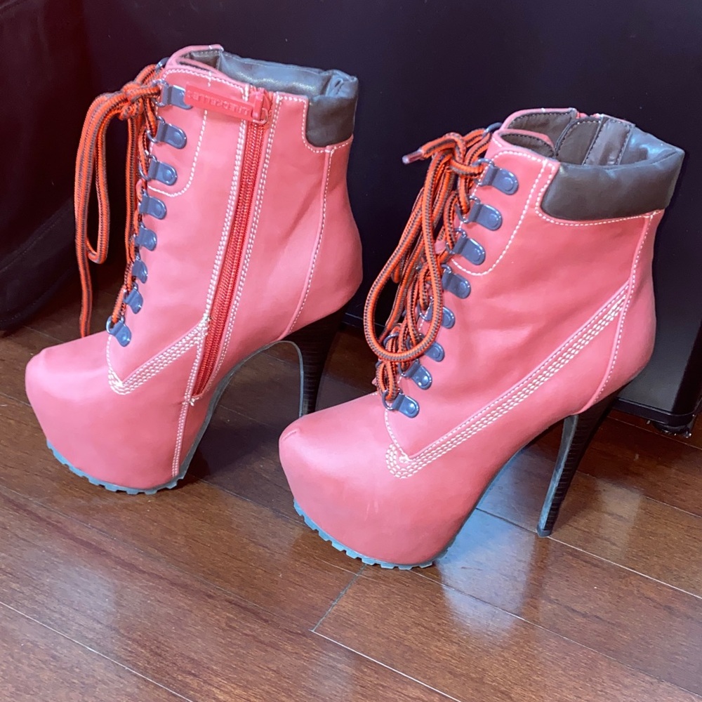 Breckelles Red Lace-Up Heeled Boots